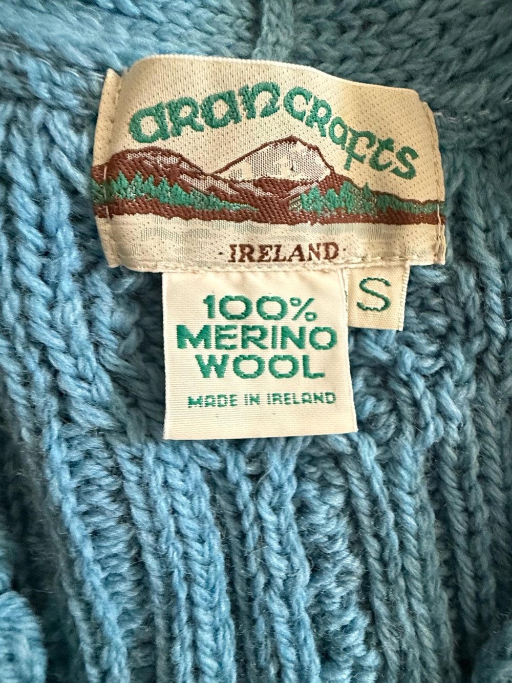 Aran Crafts Ireland Vintage Blue Merino Wool Cable Knit Cardigan Small Cottageco - Picture 5 of 7